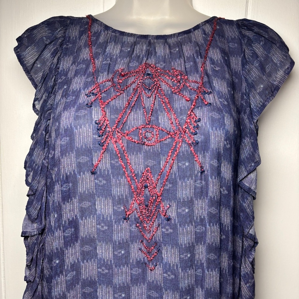 Free People New Romantics Blue Embroidered Sheer Ruffle Tunic Top Boho Lagenlook
